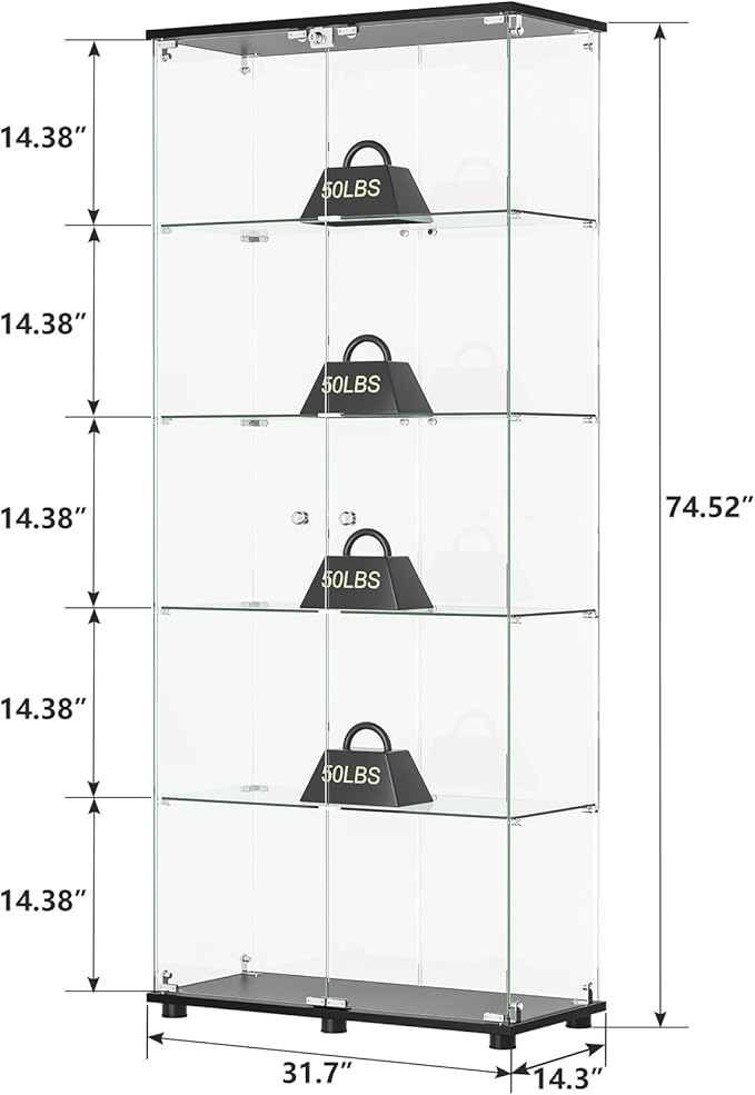 ROOMTEC Glass Display Cabinet with 5 Shelves, Double Doors, Floor Standing Display Cage, for Living Room Bedroom Office, 74.5 x 31.7 x 14.3 in, Black