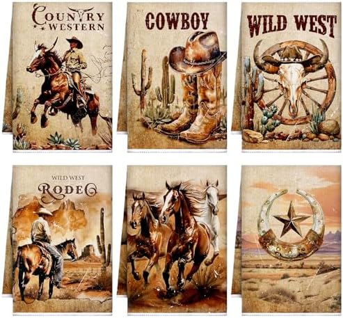 Sunnyray 6 Pack Western Cowboy Horse Kitchen Towels, Horse Themed Dish Hand by Sunnyray