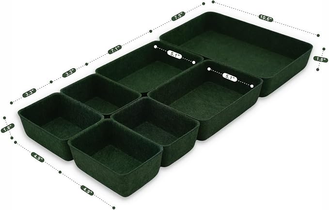 7-Piece Felt Drawer Organizer Bins, Dividers Tray Set, Forest Green - Image 6