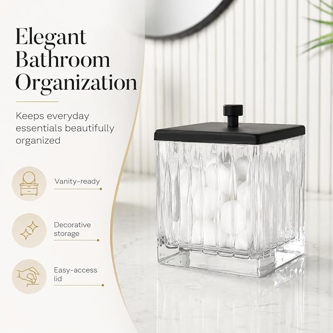 Vince Camuto Home Glass Cotton Jar Holder – Matte Black Lid, Elegant Bathroom - Image 2