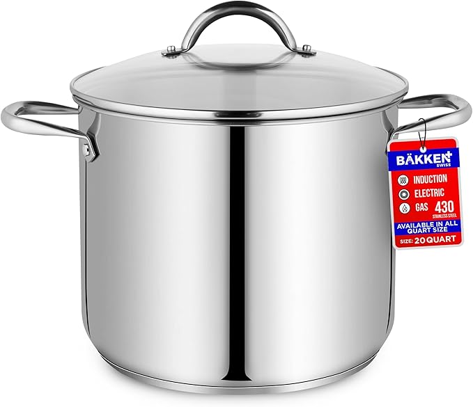Stainless Steel Stockpot with Tempered Glass Lid 20 Quart, Durable 18/0 Stainless Steel, Impact-Bonded Base for Even Heating, Riveted Handles, Oven & All Stove Compatible, Safe Up To 500°F (260°C)