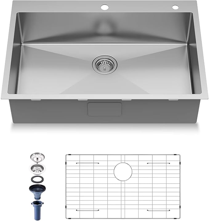 15-Inch Drop in Kitchen Sink Handmade Topmount 16 Gauge 304 Stainless Steel Single Bowl Kitchen Workstation Sink in 10-inch-Depth 15"x15"x10"