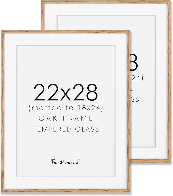 Fun Memories 22x28 Picture Frame, Natural Oak Wood 22 x 28 Poster Frames, Set of 2, 22x28 Frame Matted to 18x24, 22 by 28 Picture Frames with Tempered Glass, Oak Color