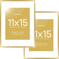 Homeforia 11x15 Picture Frame Gold, High End Metal 11x15 Poster Frames with Mat for 8.5x11, 11 x 15 Gold Frames Matted to 8.5 x 11 inch Photo, 11by15 Hanging Frames, Tempered Glass, Wall Kit, Set of 2