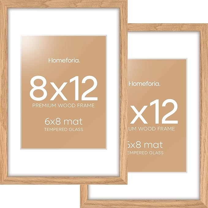Homeforia 8x12 Picture Frame Wood, High End Natural Oak 8 x 12 Light Wooden Frames with Mat 6 by 8 inch Photo, 8by12 Frame Matted to 6x8 Art, Wall or Tabletop Frame, Tempered Glass, Wall Kit, Set of 2