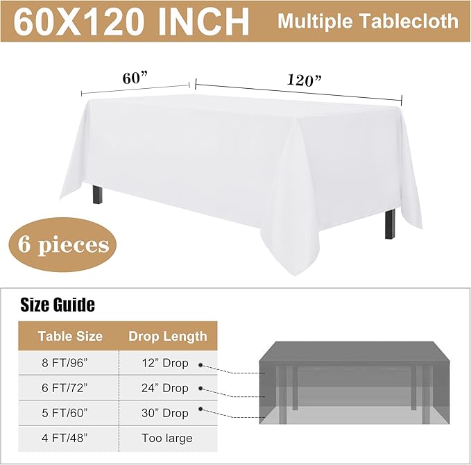 sancua 6 Pack White Tablecloth 60 x 120 Inch, Rectangle Table Cloth for 8 Feet Tables - Stain and Wrinkle Resistant Washable Polyester Table Cover for Dining Tables, Buffet Parties and Camping