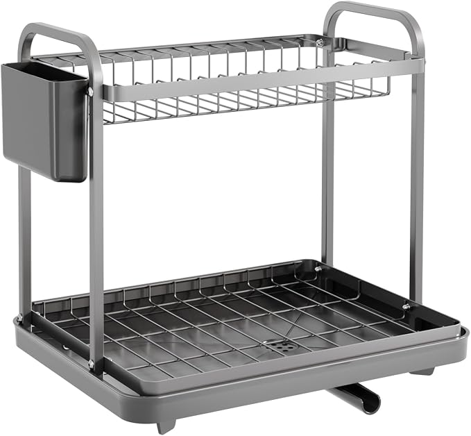 Sakugi Dish Drying Rack 2-Tier 15" x11.4" x15" Gray Double Rod | Kitchen - Image 3