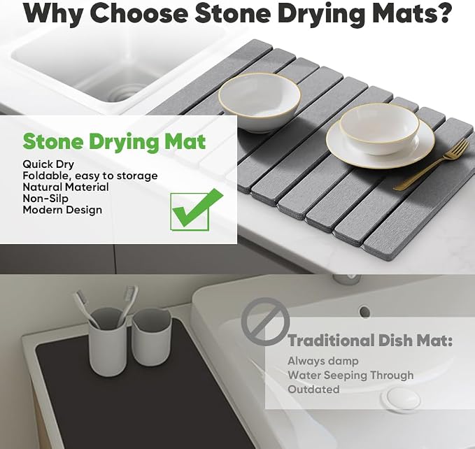 Stone Drying Mat for Kitchen Counter, Quick Diatomaceous Earth Mats for Dishes - Image 4