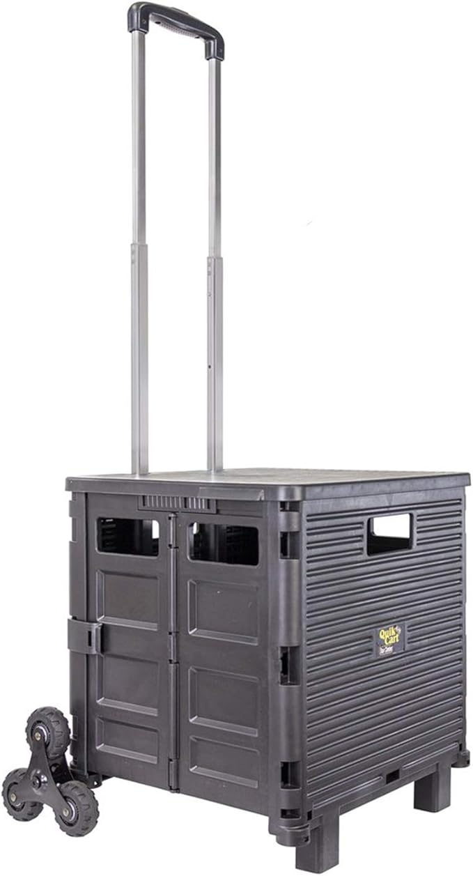 dbest products Quik Cart Elite Stair Climber Wheeled Rolling Crate Teacher Utility With seat Heavy Duty Collapsible Basket With Handle, Black