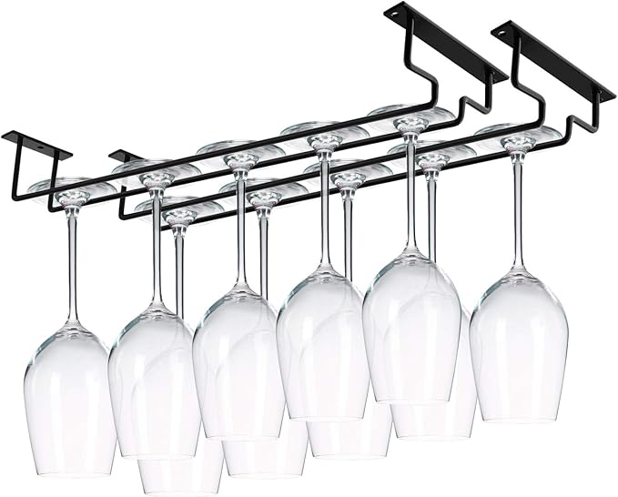 MOCOUM 2 Pack 15.6" Wine Glass Rack Under Cabinet, Stemware Holder Storage Hanger for Up To 10 Glasses, Kitchen Bar (Black)
