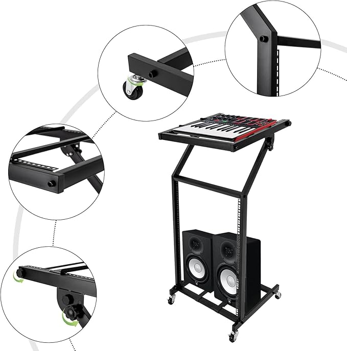 9U/12U/16U DJ Mixer Stand Adjustable Rack, Rack Mount Mixer Case Stand Studio Equipment Cart Stage Amp DJ Rolling (16U)