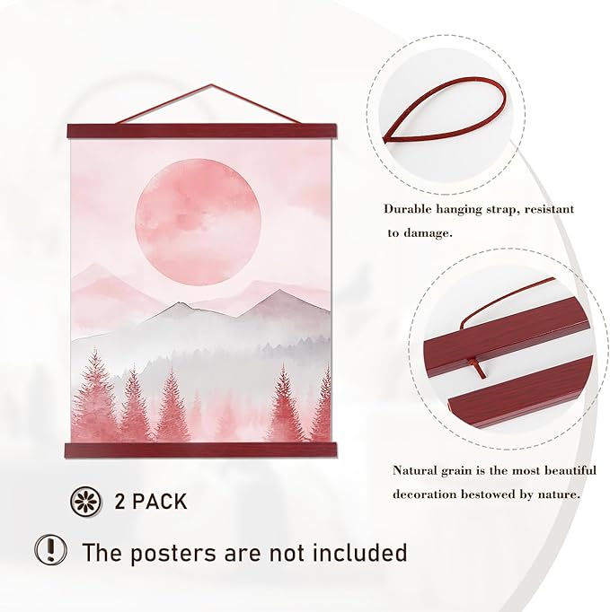 Artmag 2 Pack Magnetic Poster Hanger Frame, 14x17 14x20 14x22 Light Wood Wooden Magnet Canvas Artwork Print Dowel Poster Hangers for Frames Hanging Kit (Mahogany, 14",2 Packs)