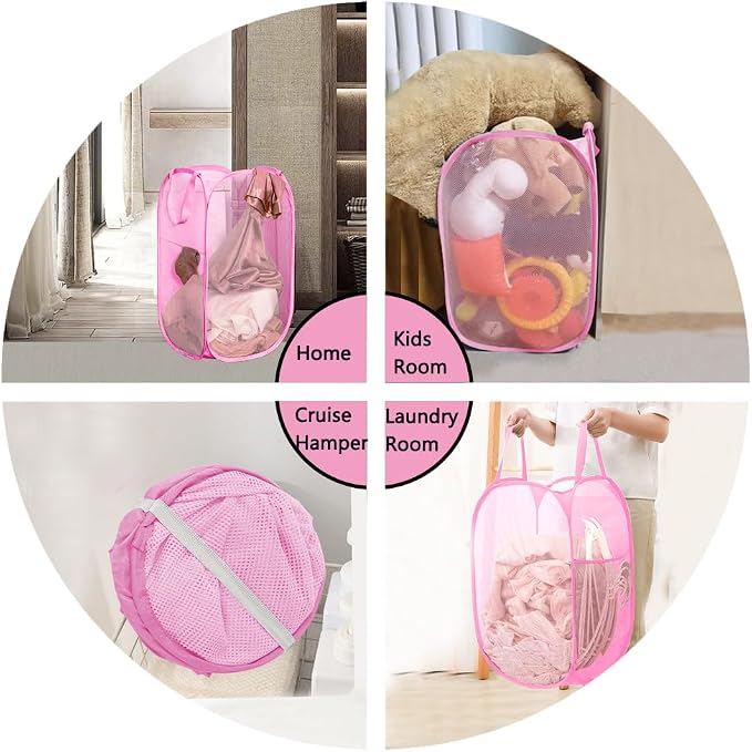 Portable Mesh Pop Up Laundry Hamper Reinforced Pink Vertical Collapsible - Image 8