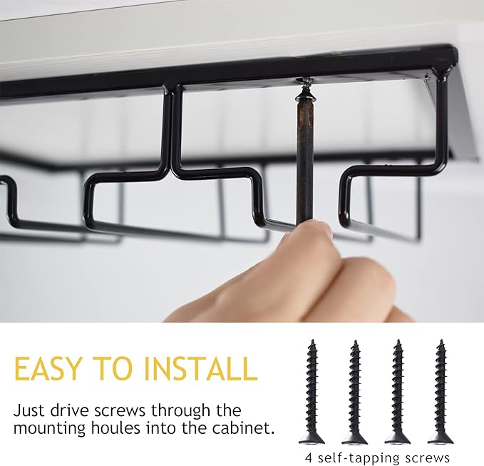 Wine Glass Rack, 2 Pack Under Cabinet Stemware Rack Wine Glass Holder, 4 Rows Black Metal Wine Glass Storage Hanger Under Shelf for Cabinet Kitchen Bar