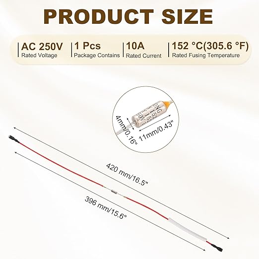 MECCANIXITY Universal Rice Cooker Temperature Fuse, 152°C 10A 250V Metal Thermal Fuse with Both End Terminal Fiberglass Sleeving for Electric Pressure Cooker Repair Part