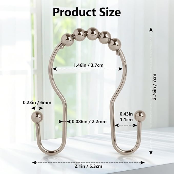 Resze Double Shower Curtain Hooks, Sturdy Metal Nickel Shower Curtain Rings - Image 2