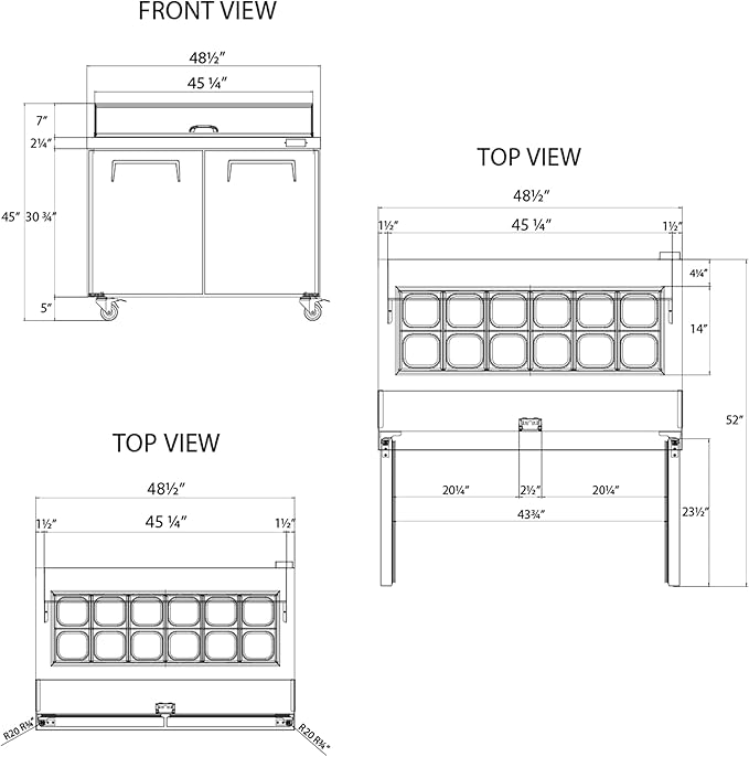 Frigos FG-SWPT-48 13.8 Cu Ft 2 Door Commercial Sandwich Prep Table Refrigerator - Stainless Steel Exterior with LED Lighting - Ideal for Commercial Kitchen Salad Bar Included Liftgate