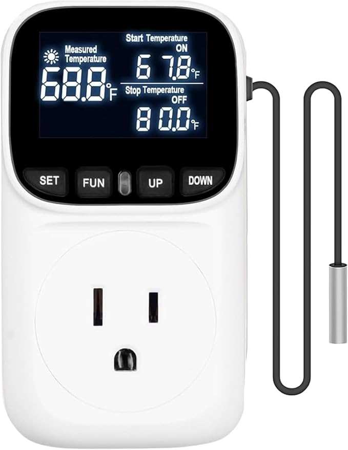 KABASI Digital Temperature Controller, Only Fahrenheit Dispaly Heavy Duty 15A Thermostat Outlet with Sensor, Heating Cooling Control Timer Plug Socket for Greenhouse Refrigerator Terrarium Aquarium