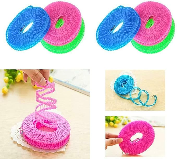 3 Pack of ALINNA Windproof Nylon Clothesline Pink Blue Green Colors Adjustable - Image 2