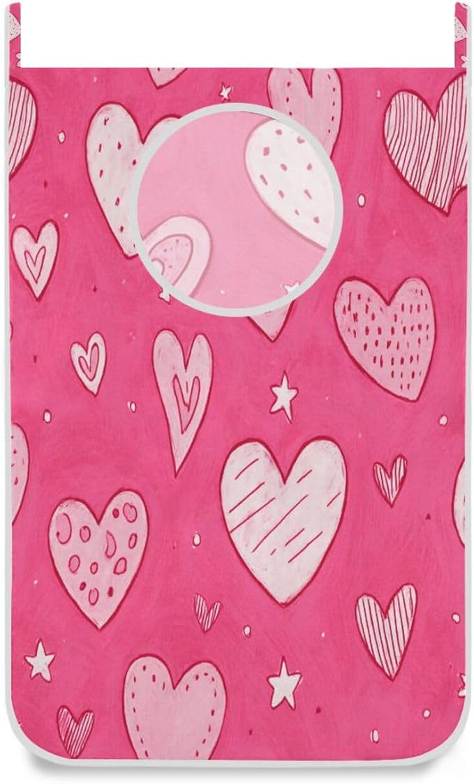 Hot Pink Hearts Stars Hanging Laundry Hamper Door Hampers Bag Basket by Tatenale