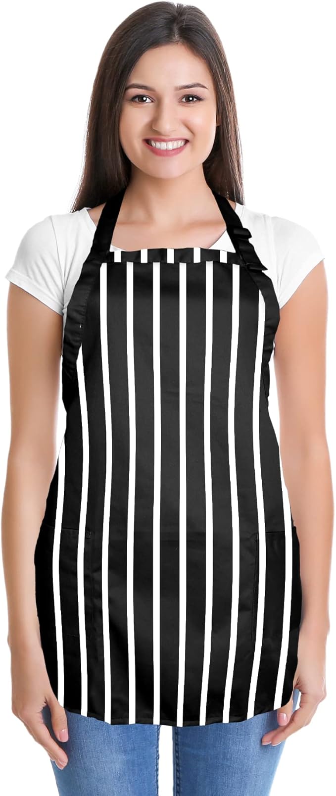 DALIX Apron Commercial Restaurant Home Bib Spun Poly Cotton Kitchen Aprons (2 Pockets) in Pinstripe Black/White