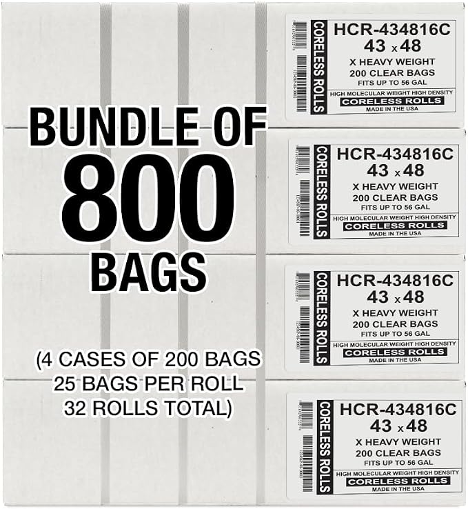 Aluf Plastics 56 Gallon 16 Micron Clear Trash Bags 43" x 48" 800 Count - Image 2