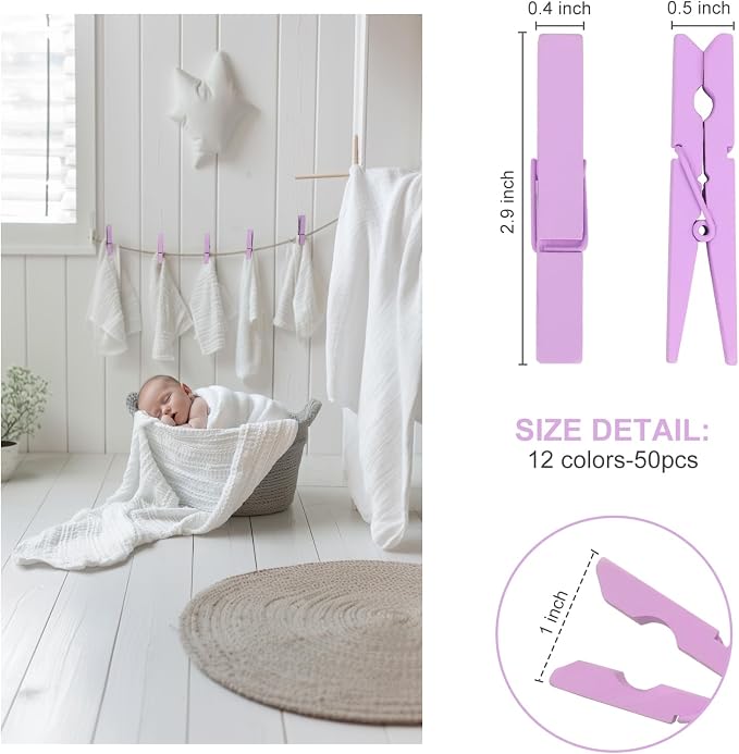 Colored Clothes pins 2.9inch 50PCS Purple, Colorful ClothesPins Wooden Clips - Image 2