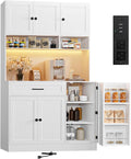 72" Kitchen Pantry Cabinet with LED Light and Charging Station Tall Pantry Storage Cabinet with Adjustable Shelves and Door Shelves Modern Kitchen Hutch with Microwave Stand and Countertop