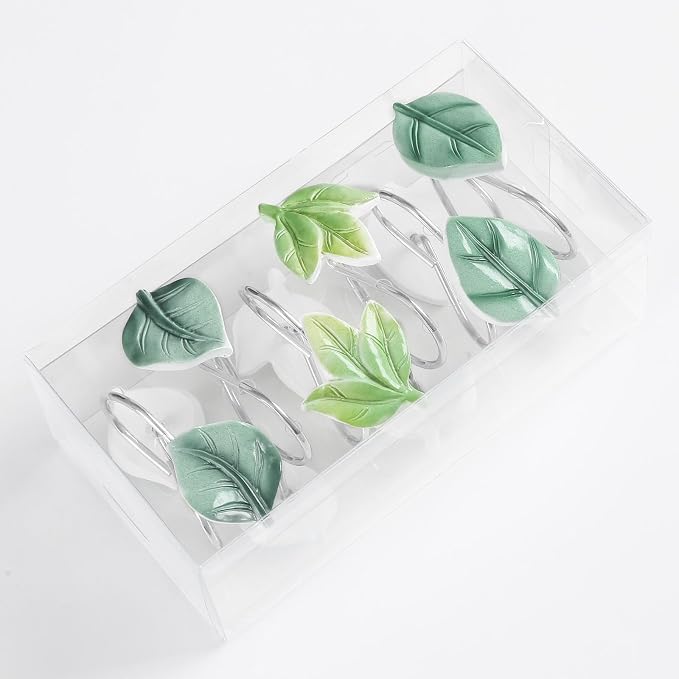 Green Plant Leaf Shower Curtain Hooks, Eucalyptus Bathroom Decor, Metal - Image 2