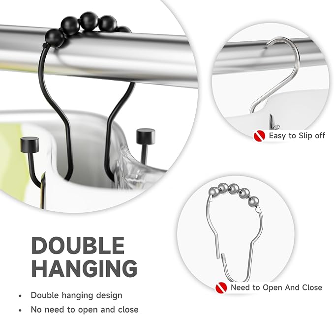 Bathway Shower Curtain Hooks, Shower Curtain Rings Rust Proof Double Hook - Image 3