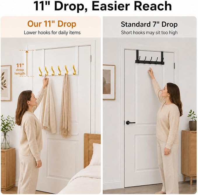 Peasulin Over The Door Hooks 11" Extended Arms, 6 Double Door Hanger Hooks | - Image 2