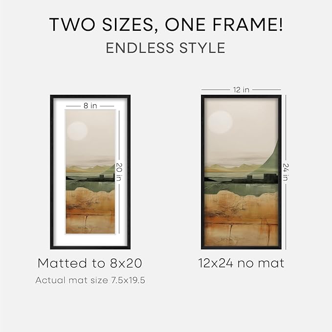 Homeforia 12x24 Black Wood Picture Frame, High End Oak 12x24 Poster Frames with Mat 8x20 Photo, 12 x 24 Black Wooden Frames Matted to 8 by 20, 24x12 Panoramic Frame, Tempered Glass, Wall Kit, Set of 1