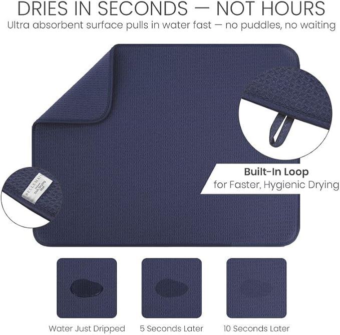 Bellemain Dish Drying Mat, Drying Matt Kitchen Counter, 17 x 24 Inch -Navy - Image 3