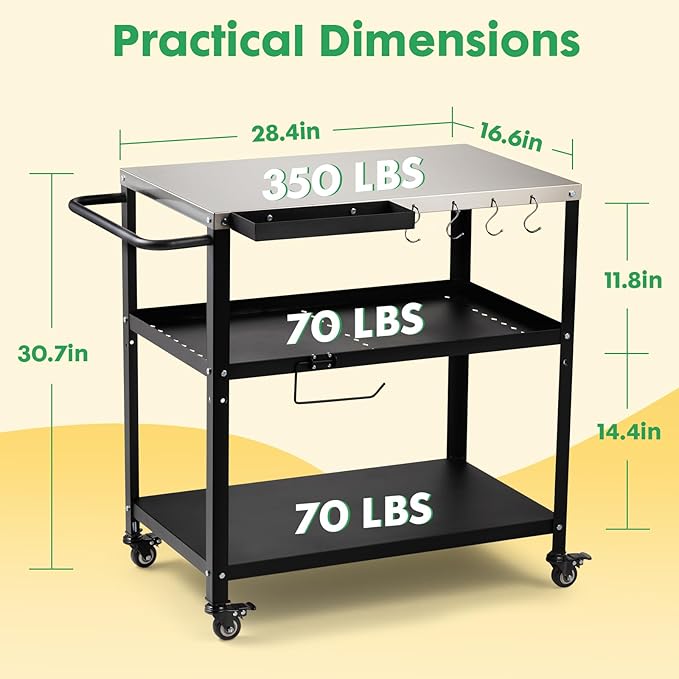 Outdoor Grill Cart Table,Indoor and Outdoor Pizza Oven Table,with 4 Movable Total Lock Casters, Hooks, Side Handle Multifunctional (Black) (Stainless Steel)
