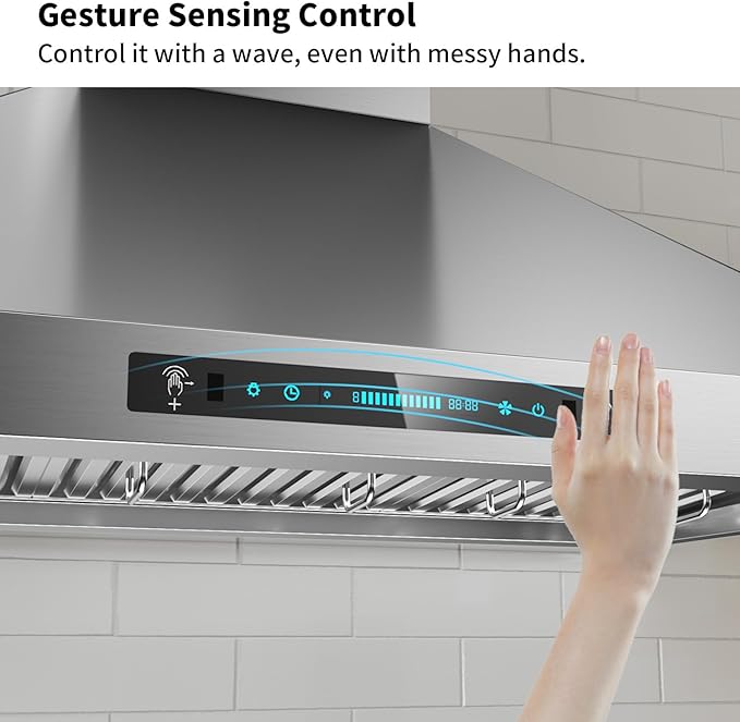 IKTCH Wall Mounted Range Hood 30 inch, 900 CFM Ducted/Ductless Stainless Steel Range Hood with Gesture Sensing & Touch Control IKP02R-30
