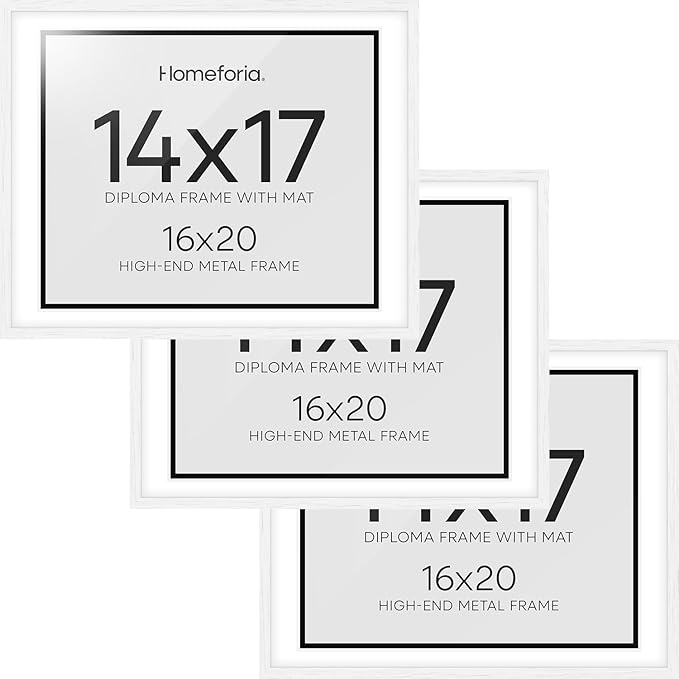 Homeforia 16x20 Diploma White Frame, High End Oak 16 x 20 Certificate Wood Frames with Mat 14 by 17 inch, 20x16 Document Frame Matted to 14x17, Wooden Degree Frames, Tempered Glass, Wall Kit, Set of 3