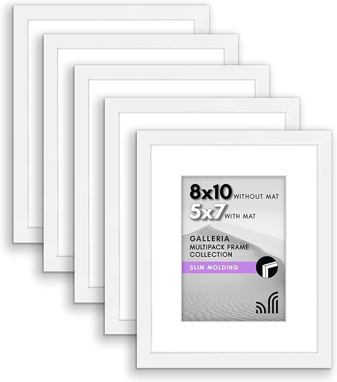 Americanflat 8x10 Picture Frame with Polished Plexiglass - Set of 5 - Use as 5x7 Frame with Mat or Display 8x10 Photo Without Mat - Galleria Collection - Picture Frames for Tabletop and Wall - White