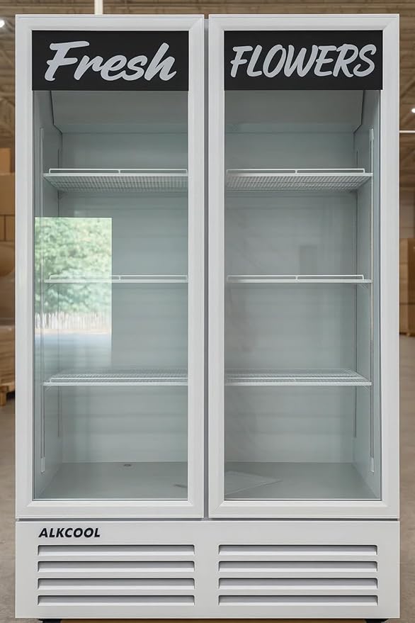 Commercial Flower Refrigerator Floral Display Cooler,White 2 Glass Doors Fridge With LED Light Adjustable Shelves,ETLSanitation Approval,40" Wide, Adjustable Shelves & Wheels Included