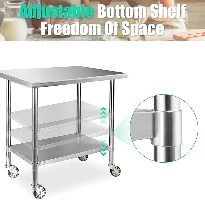 STABLEINK NSF Stainless Steel Prep Table with Wheels 30 x 36 Inches 3ft, Metal Workbench with Adjustable Lower Shelf, for Commercial Kitchen, Restaurant, Hotel, Laundry and Garage
