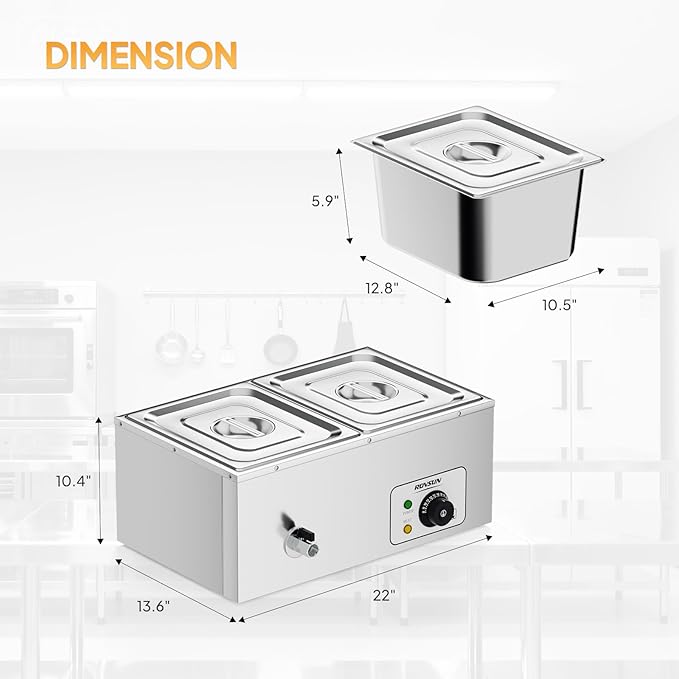 ROVSUN 21QT Electric Commercial Food Warmer, 2-Pan Steam Table 10.6 QT/Pan Stainless Steel Bain Marie Buffet Countertop with Temperature Control & Lid for Parties, Catering, Restaurants 110V