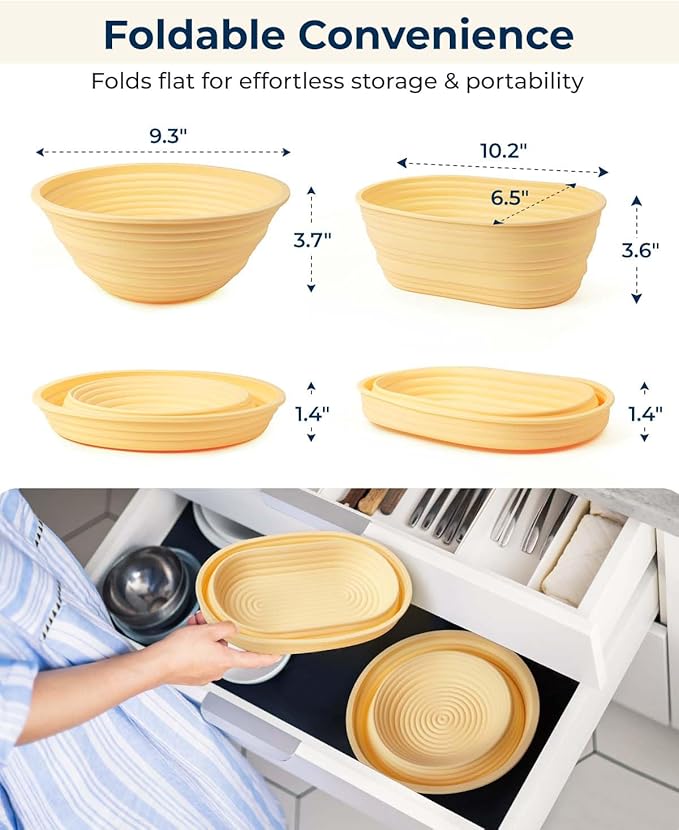 Silicone Banneton Bread Proofing Baskets Set of 2, 9" Round & 10" Oval Foldable Sourdough Proofing Baskets with Sourdough Bread Baking Supplies, Including Bread Lame, Dough Scraper