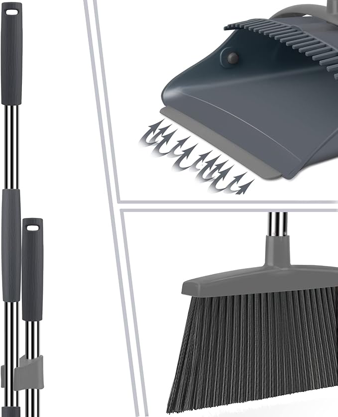 Broom and Dustpan Set, Dust pan with Long Handle, Broom with Dustpan Combo Set, Broom and Dustpan for Home, Indoor or Outdoor Cleaning Tool (Deep Gray&Light Gray)