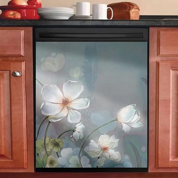 Blooming White Flowers Dishwasher Cover Decorative Magnet Dishwasher Covers for The Front Dishwasher Door Magnet Cover Sticker for Dishwasher Magnetic Dishwasher Cover Panel Decals for Kitchen