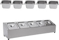 Pizza Toppings Station Storage Condiment Organizer Divider Food Container with 5 Pans & Lids, Stainless Steel Kitchen Condiment Divider Pizza Prep Ingredients Holder, Grill Table Serving Tray