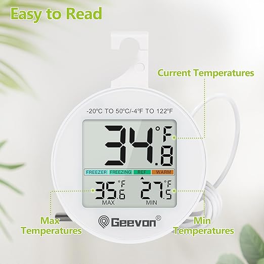 Geevon Refrigerator Thermometer IP65 Waterproof, with External Sensor, Fridge Temperature Monitor for Home Commercial, with LCD Screen, Stand and Magnetic Back, for Refrigerator, Freezer Scenes