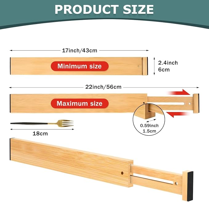 Kitchen Drawer Dividers 4 Pack Adjustable Bamboo Drawer Organizer | 17-22" - Image 3