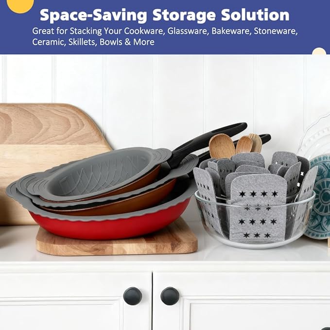 BYKITCHEN 3PCS Silicone Pan Protectors with 6PCS Felt Pan Pot Separators Dividers Pads for Stacking and Protecting Your Cookware, Compatible with Hexclad Cookware Set, Tfal Nonstick Frying Pans &More