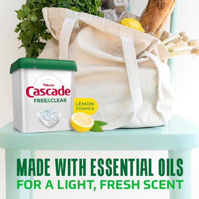 Cascade Free & Clear Dishwasher Pods, Dishwasher Detergent, Dish Detergent Soap, Lemon Essence, 47 Count