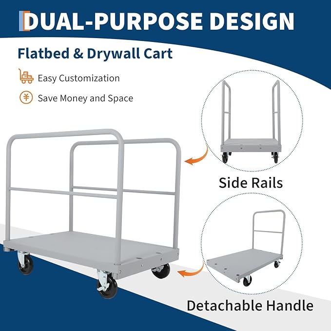 Steel Panel Truck Cart 36x24 inch, 2 in 1 Industrial Grade Platform Truck with 2200 LBS Capacity, Heavy Duty Drywall Dolly with 2 Removable Side Handrails & Swivel Wheels