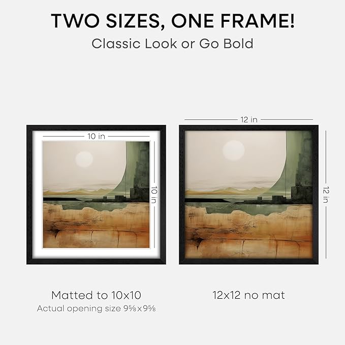 Homeforia 12x12 Black Wood Frame Matted to 10x10 Print, High End Oak 12 x 12 Square Picture Frame with Mat 10 x 10 for Photo, 12by12 Black Wooden Thin Poster Frames, Tempered Glass, Wall Kit, Set of 2